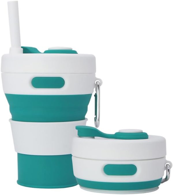 Collapsible Camping Cup with Straw Silicone Folding Coffee Cup Sport Bottle Portable Travel Outdoor Car 16oz 20oz (Green)