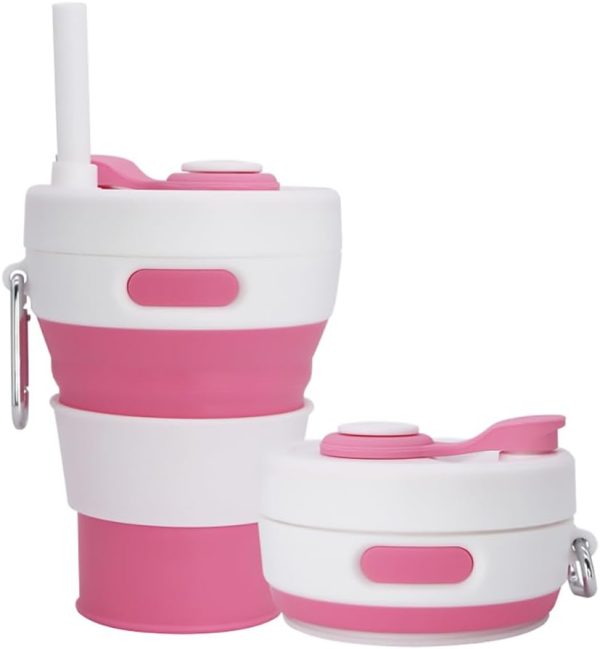 Collapsible Camping Cup with Straw Silicone Folding Coffee Cup Sport Bottle Portable Travel Outdoor Car 16oz 20oz (pink)