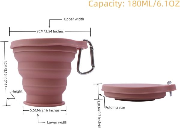 Foldable Silicone Cups Portable Picnic Snacks Cup Travel Cups Perfect Backpacking, Camping,Hiking Portable, Foldable, Durable, Lid Hook 6.1 ounces, Pink 1 piece se - Image 2