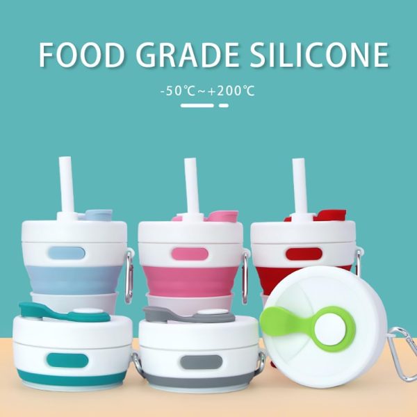 Collapsible Camping Cup with Straw Silicone Folding Coffee Cup Sport Bottle Portable Travel Outdoor Car 16oz 20oz (Green) - Image 2