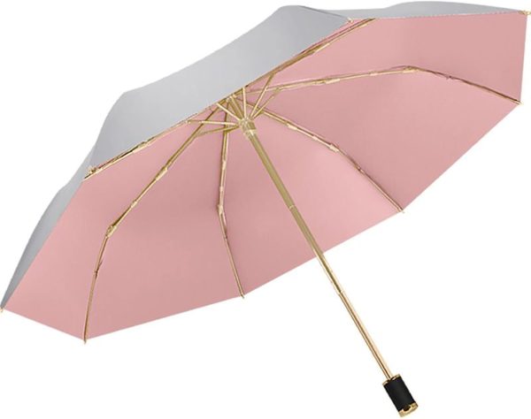 UPF 50+ UV Protection Travel Reverse Umbrella Reflective Silver Double Layer Cover 8 Ribs Reinforced Windproof Sun Blocking Foldable Compact for Hiking Backpacking