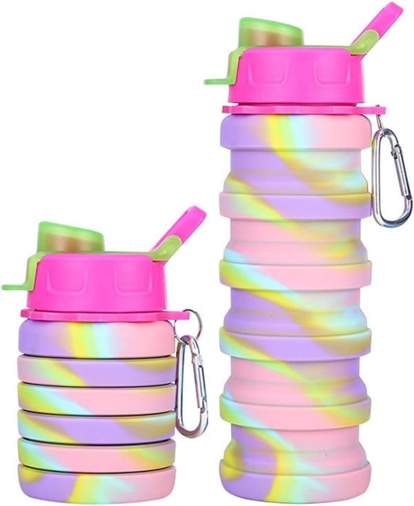 Silicone Collapsible Water Bottles, 16oz 500ml Portable Foldable Expandable Water Bottle Sports Cups, Leak Proof Reusable BPA Free, for Outdoor Activities Travel(2# Pink)