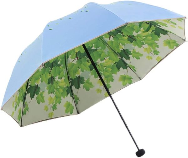 Green Tree Leaf Folding Travel Sun Umbrella Sunblock UV Protection UPF 50+ Rain Resistant Compact Size Parasol Fold into Purse