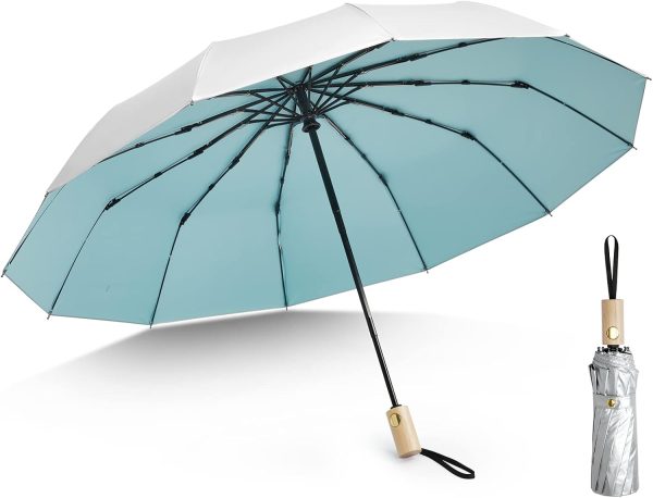 46 Inch UPF 50+ UV Protection Large Travel Umbrella with Wooden Handle, 12 Fibreglass Ribs Super Windproof Sun Blocking Folding Umbrella Auto Open Close