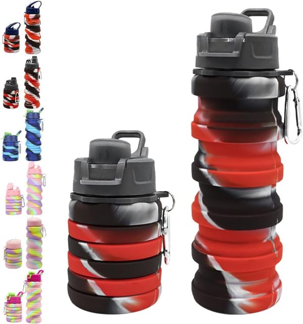 Silicone Collapsible Water Bottles, 16oz 500ml Portable Foldable Expandable Water Bottle Sports Cups, Leak Proof Reusable BPA Free, for Outdoor Activities Travel (B-Black red)