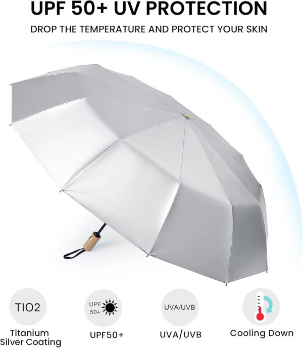 46 Inch UPF 50+ UV Protection Large Travel Umbrella with Wooden Handle, 12 Fibreglass Ribs Super Windproof Sun Blocking Folding Umbrella Auto Open Close - Image 2