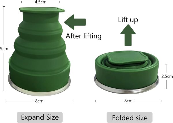 Collapsible Cup-Silicone Foldable Expandable Folding Drinking Cups-Reusable Portable Mugs-Cup For Travel, Camping, Hiking, Survival, Car, Picnic, Beach, Holiday Vacation, Outdoor Dark Green - Image 2