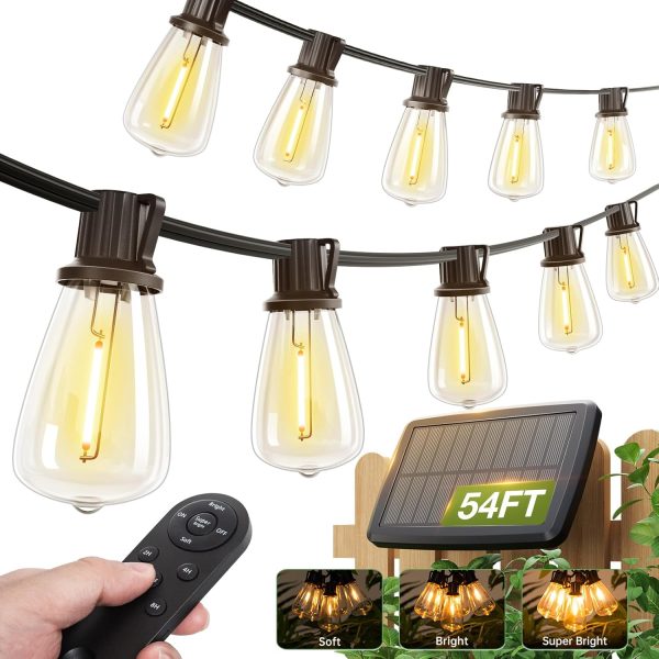 54(48+6) FT Solar String Lights Waterproof,Patio Lights Solar Powered with Remote & USB Port 15+1 LED Shatterproof Bulbs 3 Light Modes, Dimmable Solar Light for Camping Backyard Garden
