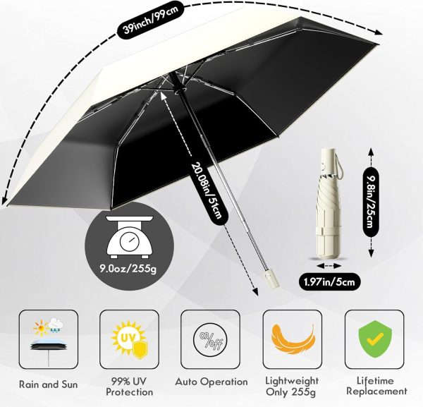Automatic Mini Travel Windproof Folding Umbrella - UV Protection, Instant Open/Close for Rain/Sun, Small Compact Lightweight Design Fits in Tote Bag/Travel Case/Backpack for Commute,Women&Men - Image 2