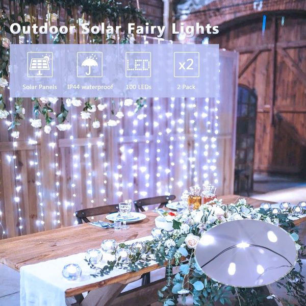 2 Pack Solar String Lights Outdoor Waterproof, Each 33FT 100 LED Solar Lights Outdoor, 8 Modes White Fairy Light for Outside Yard Tree Patio Garden Wedding Christmas Decorations - Image 2