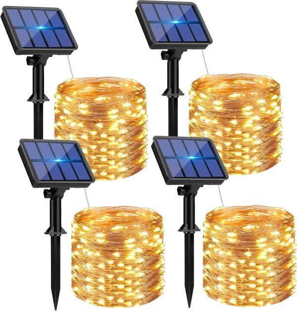 4 Pack Solar String Lights Outdoor - 320LED 132FT  Lights Waterproof 8 Modes, Copper Wire Solar Powered Twinkle Lights for Outside Tree Garden Christmas Wedding Party Decor (Warm White)