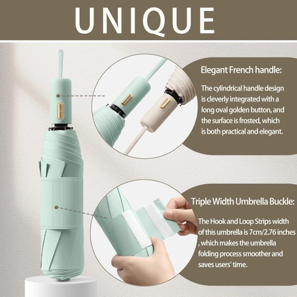 French Style Travel Compact Folding Umbrella with 7CM(2.76in) Hook and Loop Strips/8Ribs/Lightweight Portable/Auto Open Close/UV Protection/UPF 50/Parasol/Waterproof/Rain Sun/Backpack/Car/Women Kid - Image 2