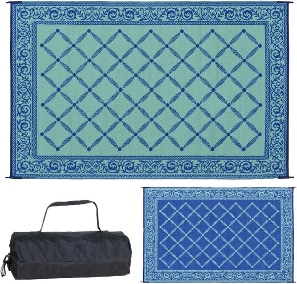 6-feet by 9-feet Reversible Mat, Plastic Straw Rug, Large Floor Mat for Outdoors, RV, Patio, Backyard, Picnic, Beach, Camping (Blue/Light-Green)